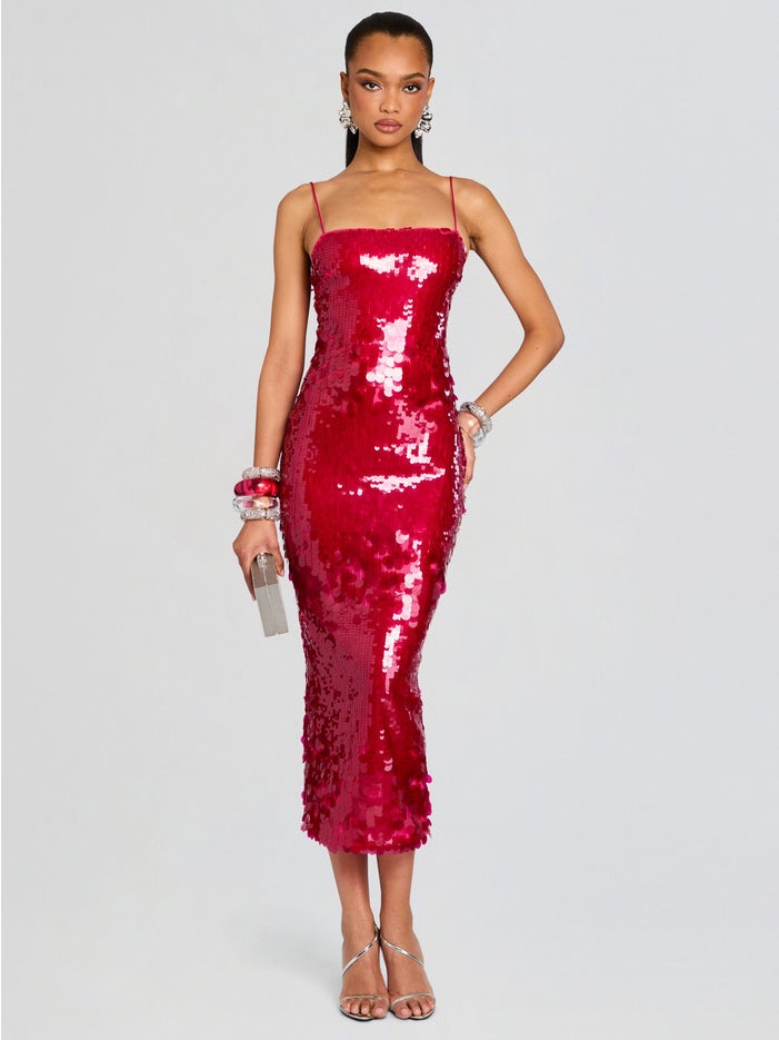 Retrofete Alana Sequin Midi Dress Cerise Pink Sleeveless Slip Nwt Size S